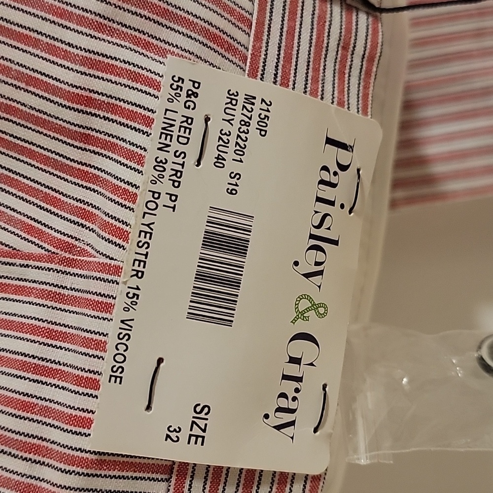 32x32 flat front red white grey striped linen blend pants - Picture 4 of 4